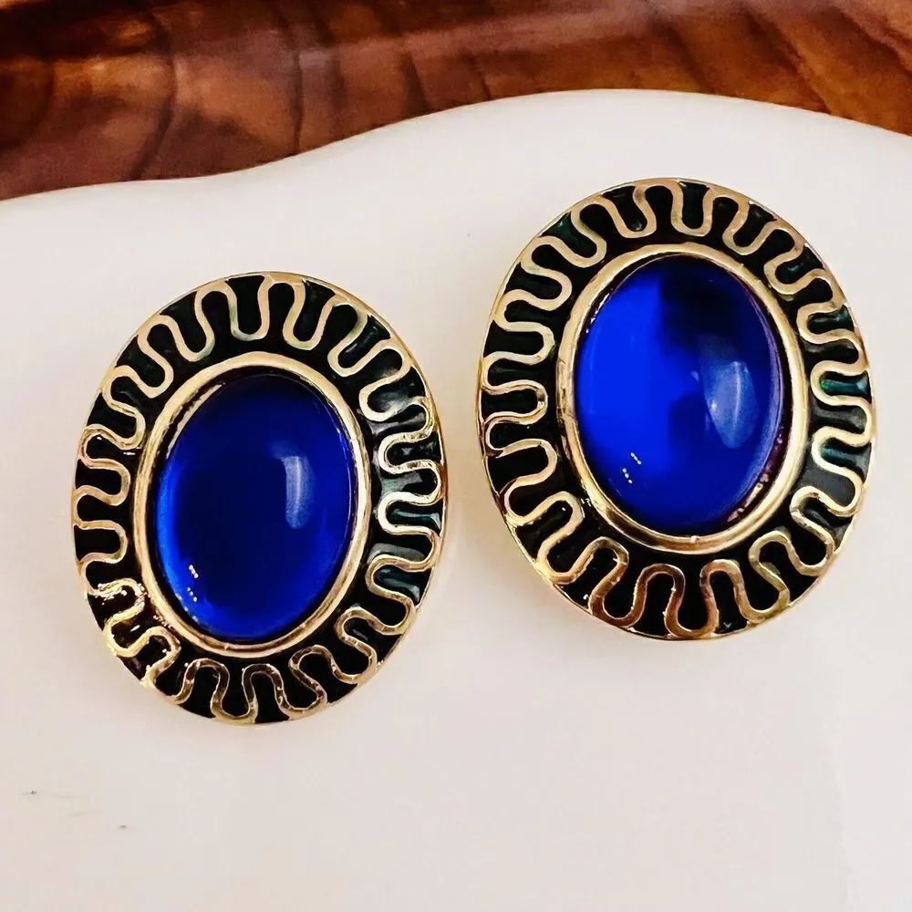 Vintage Galleria Gripoix Earrings Clip On Enamel Blue Glass Gold Oval NICE 4611